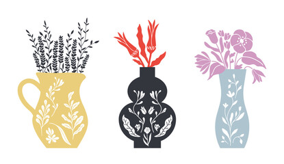 Modern pottery design, houseplants, ceramics illustration. Isolated vector graphic. Botanical silhouette in decorative vessels.