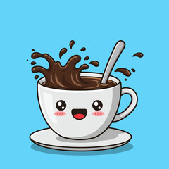 Cute Coffee Cup Character with Splash Expressions – Vector Illustration
