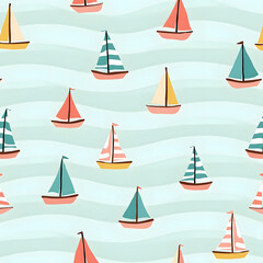 Colorful sailboats sail across wavy water in a repeating, cheerful pattern.