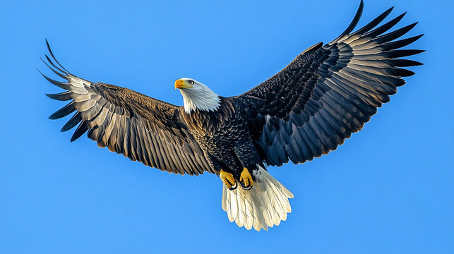 Magnificent bald eagle in flight against a clear blue sky, showcasing its wingspan.