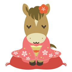 和服を着たかわいい馬の女の子のイラスト、午年の年賀状素材