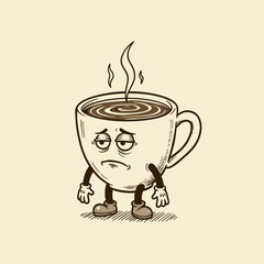 Sad Coffee Cup Character in Vintage Hand-Drawn Sketch Style Vector