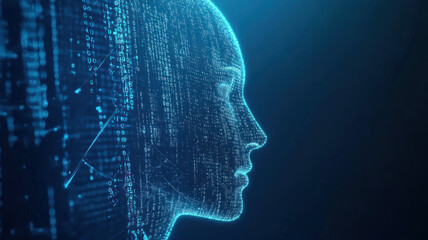 A digital profile of a human head, designed with code and network graphics. It represents the future of technology and artificial intelligence, focusing on the human-machine interface.