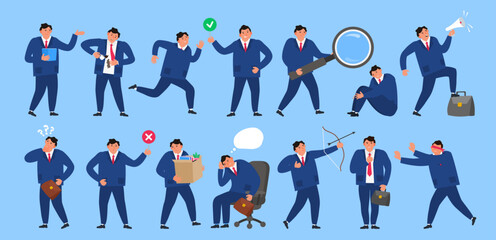 businessman in various poses and situations scenes set office worker vector illustration