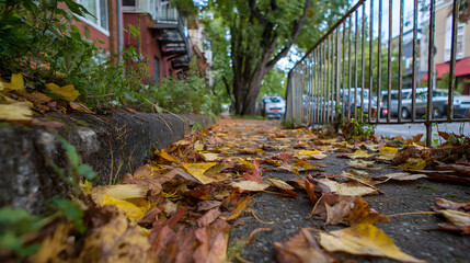 Walking Along Sidewalk Covered with Fallen Autumn Leaves in Urban Setting