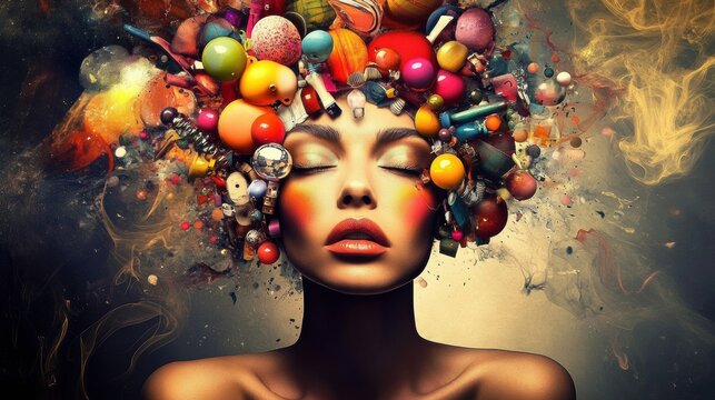 Colorful Floating Objects Adorn Woman's Face in Digital Art Piece Social pressure, manipulation, criticism, bullying. Human