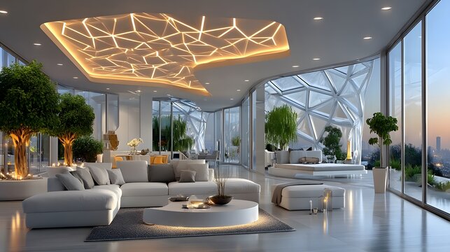 Futuristic luxury living room interior with greenery high resolution image