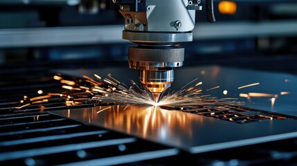 High angle view of CNC machine cutting metal plate with milling machine. Processing and laser