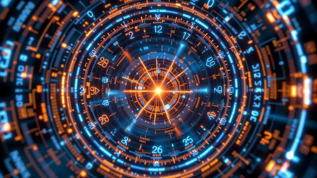 Futuristic digital interface featuring glowing orange circular data elements and blue lines forming dynamic technology visualization pattern