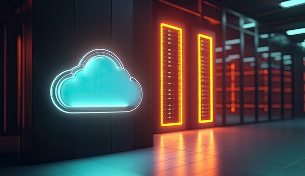Neon cloud sign in a server room