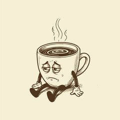 Sad Coffee Cup Character in Vintage Hand-Drawn Sketch Style Vector