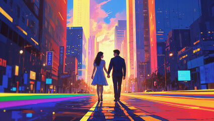 Romantic couple strolling through vibrant city street holding hands against surreal colorful sunset skyline