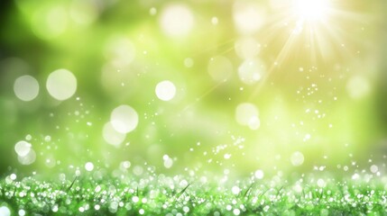 Fototapeta premium Serene close-up of green grass with delicate white dots in Shiny glow abstract background. Glitter