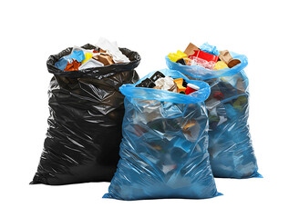 Three full black garbage bags overflowing with trash isolated on transparent background