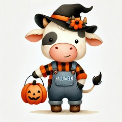 Fototapeta premium A cute, cartoon cow dressed for Halloween, holding a pumpkin, perfect for festive and seasonal designs.