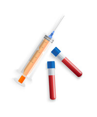Syringe with two vials of blood. Vector drawing in png format.