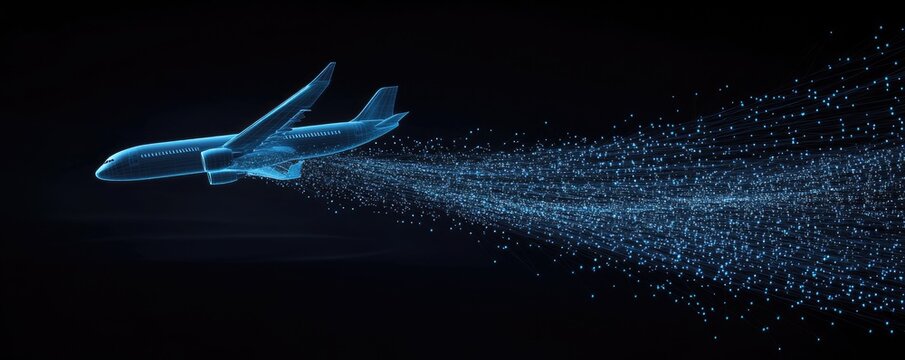 Abstract digital airplane, trails of particles