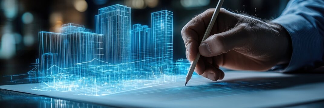Hand drawing a digital cityscape on a tablet