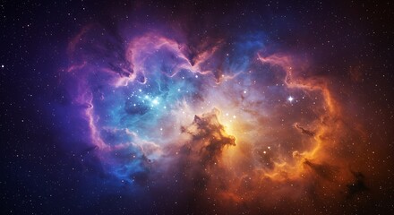 A captivating astronomical artwork depicting a dynamic cloud of gas and stardust, its vivid hues of purple, blue, and orange swirling through the vast, mysterious expanse of space.