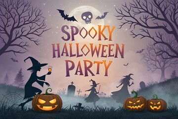 Spooky halloween party invitation with silhouetted witches dancing and jack o lanterns glowing under a full moon and skull
