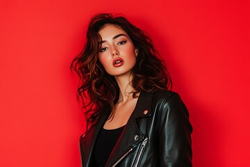 Fashion photoshoot of an Instagram model wearing a black leather jacket, posing against a vibrant red background.