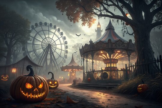 Spooky halloween carnival scene with glowing jack o lanterns a carousel and a ferris wheel under a cloudy atmospheric sky