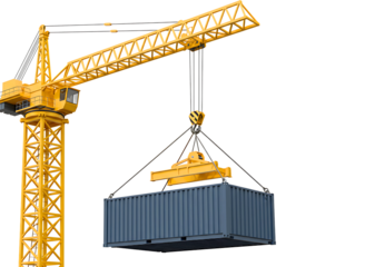 Yellow mobile crane lifting a shipping container isolated on transparent background