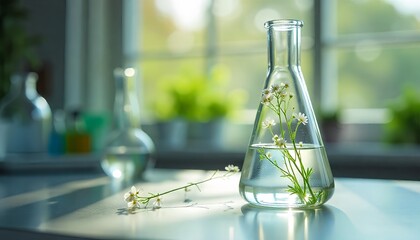 Small flowers in glass flask, softly lit by natural sunlight.

