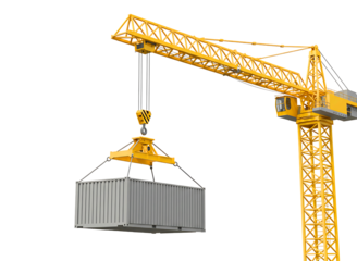 Yellow mobile crane lifting a shipping container isolated on transparent background