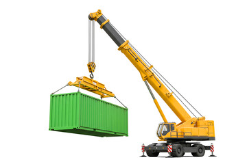 Yellow mobile crane lifting a shipping container isolated on transparent background