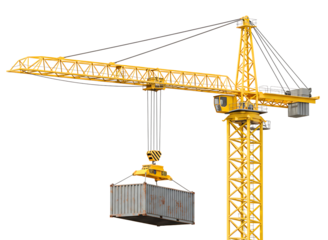 Yellow mobile crane lifting a shipping container isolated on transparent background