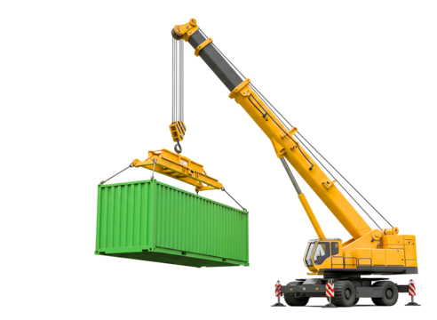 Yellow mobile crane lifting a shipping container isolated on transparent background