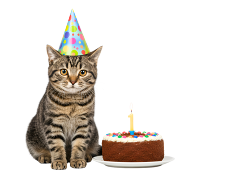 Cute tabby kitten wearing a party hat next to a birthday cake isolated on transparent background
