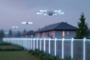 Conceptual Futuristic Fence with Hovering Security Drones and Smart Touch Barriers at Dusk