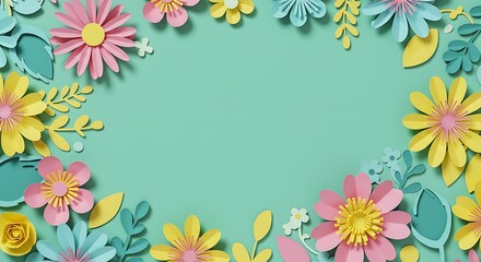 Floral frame of paper flowers and leaves arranged on a light green background with empty space in the center.