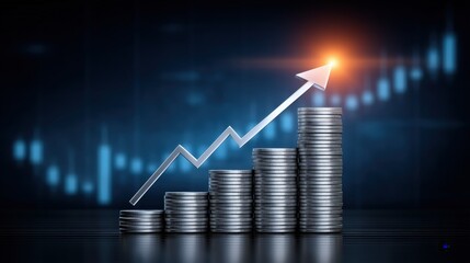 Stacks of gold coins with a glowing arrow going up, set over digital stock charts showing growth and success