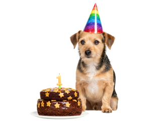 Happy jack russell terrier dog wearing a blue party hat next to a birthday cake isolated on transparent background
