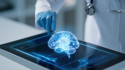Medical Professional Interacting with a Digital Brain Model on a Tablet in a High-Tech Healthcare Setting