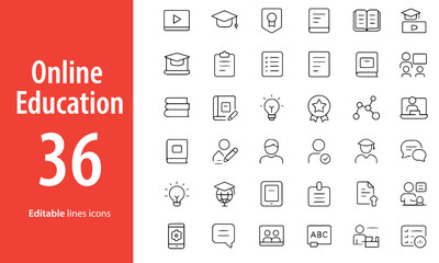 Online Education Line Icons, Laptop, Video Lecture, Certificate, Online Test, Graduation Cap, E-Book, Study Schedule, and More , Editable Formats: AI, EPS, JPG, PNG , Ideal for Both Digital and Print 