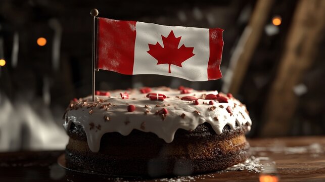 Canadian Flag Topping a Festive Cake With White Frosting and Red Sprinkles on a Blurred Background