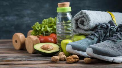 Depiction of a keto diet and active lifestyle with exercise gear, healthy food, and fitness tools on display