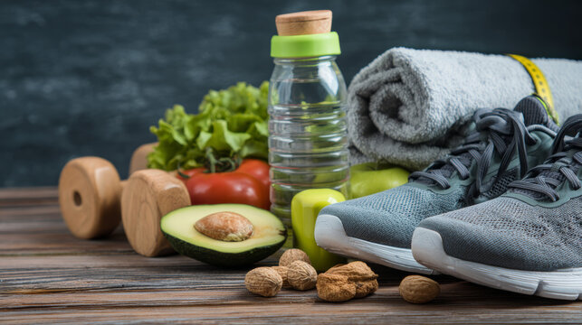 Depiction of a keto diet and active lifestyle with exercise gear, healthy food, and fitness tools on display