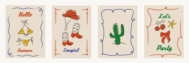 Hand drawn cowgirl coquettish illustration set, vector western bachelorette hand drawn party, ribbon, bow. Minimalist Line art. Whimsical style poster, invitation, social media, printables collection.