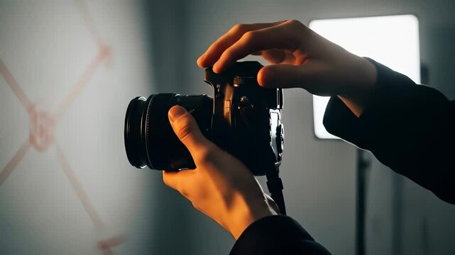 Close-up of a s hands adjusting a professional camera in a studio setting.