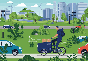 A delivery cyclist rides through a modern, eco-friendly city park, showcasing sustainable urban transportation and green infrastructure.
