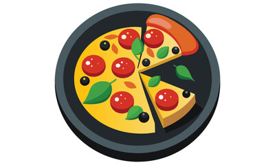 A delicious slice of pizza with pepperoni olives and basil leaves is presented in a dark plate on a white background perfect for food advertising