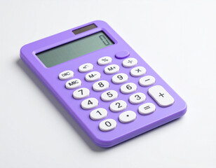 Angled View of a Purple Calculator with White Buttons on White Background