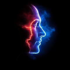 Glowing, dual-faced profile, fiery red and cool blue energy