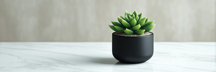 A small succulent in a matte black pot on a white marble surface, featuring soft shadows and a minimalist style.