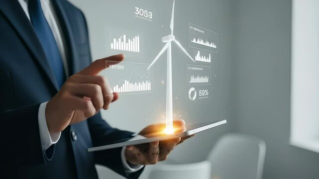 Businessperson interacts with holographic wind energy data and a virtual turbine on a digital tablet. - Powered by Adobe